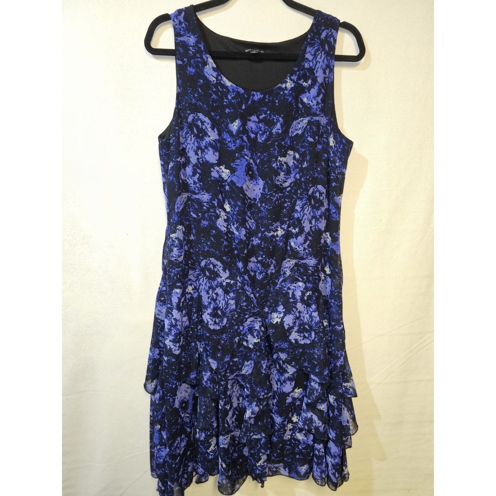 Nina Leanard Size 10 Black and Purple Floral Print Midi Dress Sleeveless